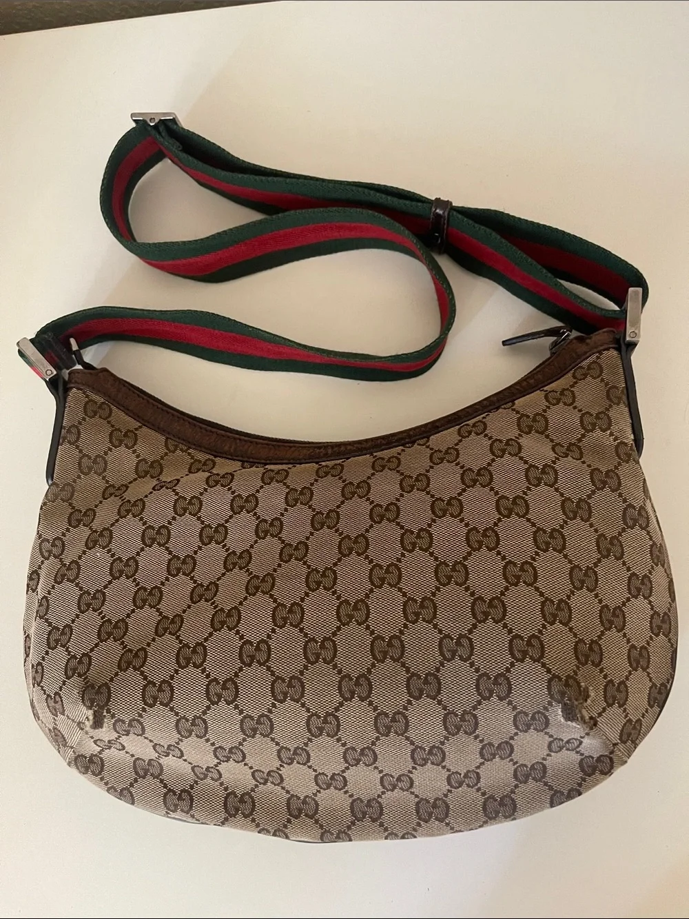 Gucci Beige/Brown GG Canvas Hobo with Green and Red Web Strap
